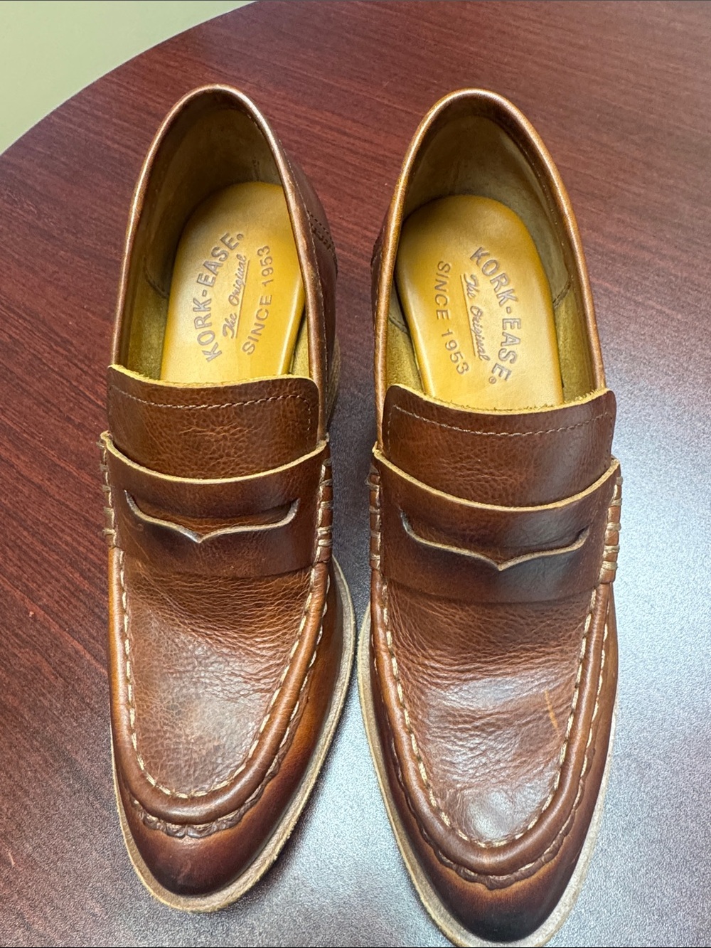 Kork-Ease Women's Cognac Leather Penny Loafers with Stacked Block Heel - Picture 2 of 5